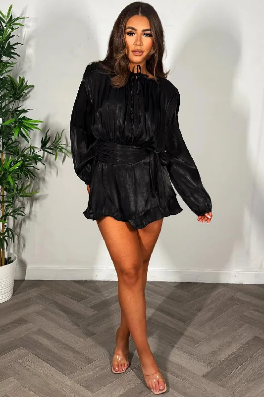 Black Long Sleeve Frilly Ruffle Occasion Dress Tunics Luxurious high-end