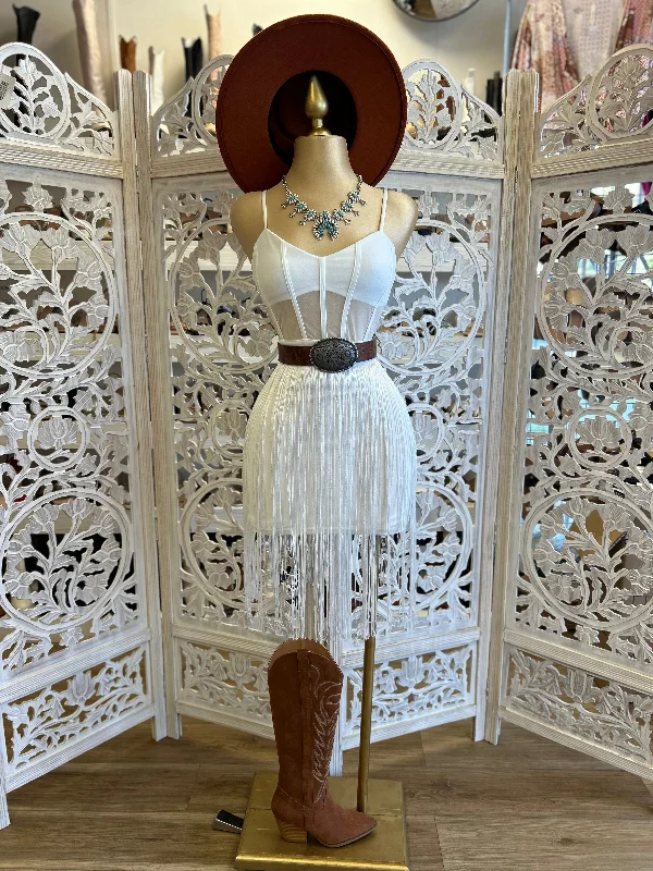 White Fringe Corset Mini Dress- Stretchy Elegant Mini Dress with Ruffles