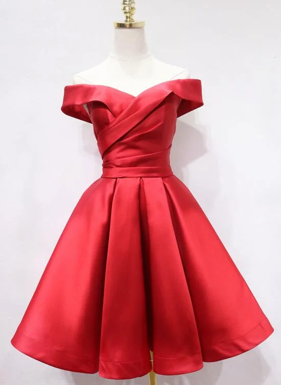 Red Satin Off Shoulder Short Party Dress, Red Homecoming Dress Prom Dress Tunics Distressed trendy Red Satin Off Shoulder Short Party Dress, Red Homecoming Dress Prom Dress Tunics Distressed trendy