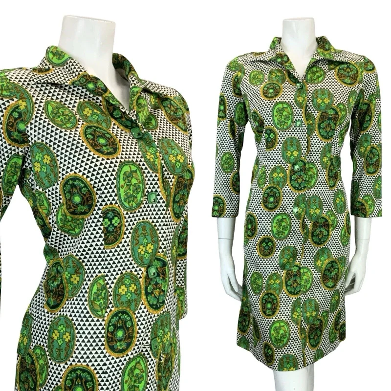 VTG 60S 70S GREEN WHITE OPEN COLLAR GEOMETRIC FLORAL SHIRT SHIFT DRESS 12 Tunics Formal black VTG 60S 70S GREEN WHITE OPEN COLLAR GEOMETRIC FLORAL SHIRT SHIFT DRESS 12 Tunics Formal black