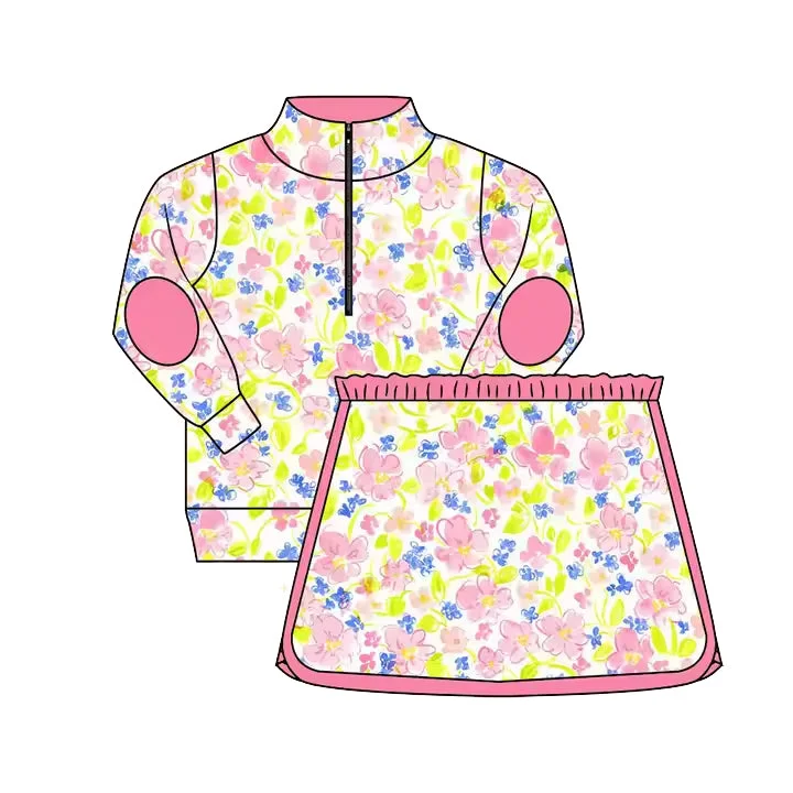 preorder GLD1018 Pink Yellow Flower Stand-up zip long sleeve top skirts shorts sets girls Milk Silk Boutique Outfit 202503 high slit skirt