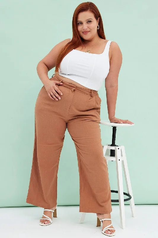 Brown Wide Leg Pants Linen Blend Formal Linen Trousers