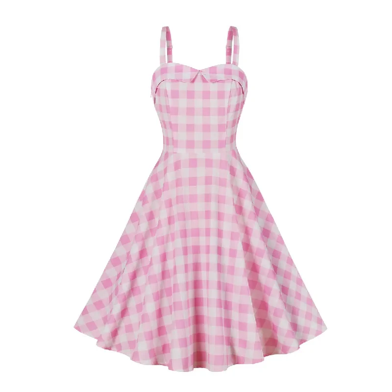 Preppy Style Pink Plaid Print Vintage Casual Party Dress Spaghetti Straps Elegant Swing Pinup Flare Tea Dresses 50s 60s Sundress Tunics Stylish elegant