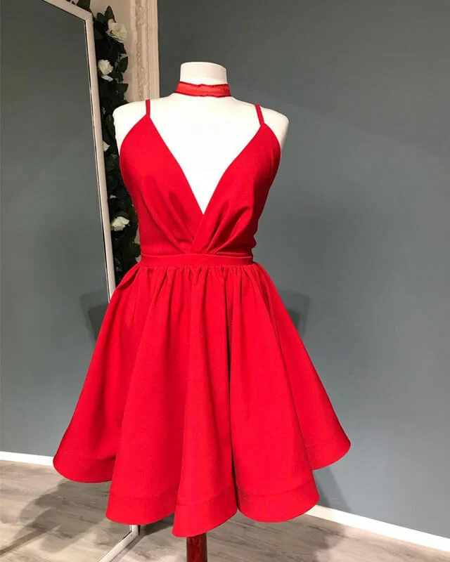 Short Red Plunging Satin Party Dress Shift Classic Vintage