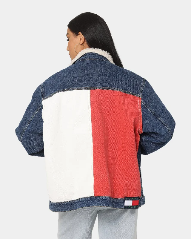 Tommy Jeans Colour-Blocked Oversized Sherpa  Denim Jacket Dark Denim Insulated Jacket Fitted Jacket Loose Jacket