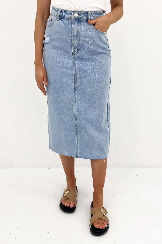 Ryliana Denim Midi Skirt Light Blue low waist skirt
