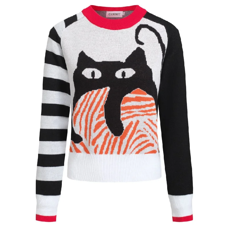 Women's black woolen jacquard striped sweater-Cropped Length Ribbed Striped Patterned