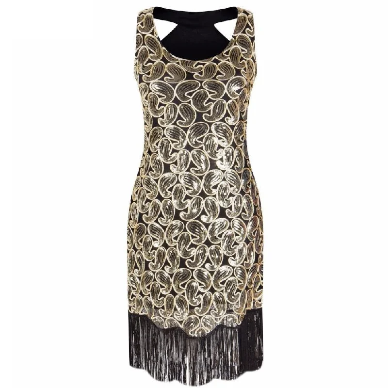 1920s Sequin Paisley Pattern Sleeveless Racer Back Flapper Black Gold Fringe Great Gatsby Party Dress Tunics Floral girly 1920s Sequin Paisley Pattern Sleeveless Racer Back Flapper Black Gold Fringe Great Gatsby Party Dress Tunics Floral girly