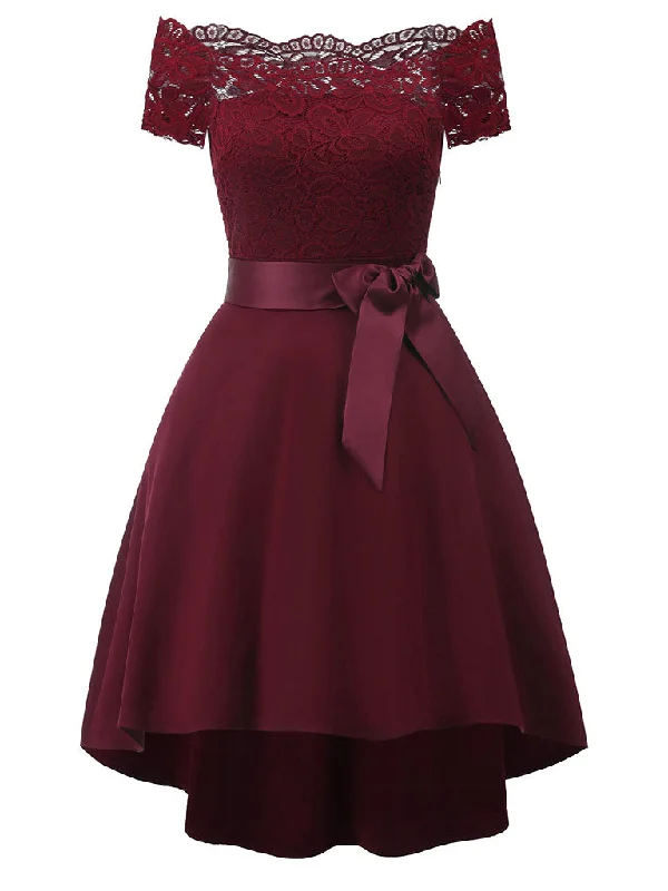 Solid Color Off the Shoulder Lace A line Vintage Party Dress Pleated Skirt Elegant