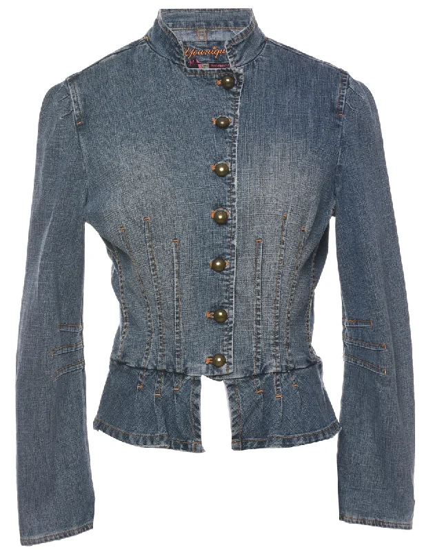 Medium Wash Denim Jacket - M Welt Pockets Slit Pockets Flap Pockets
