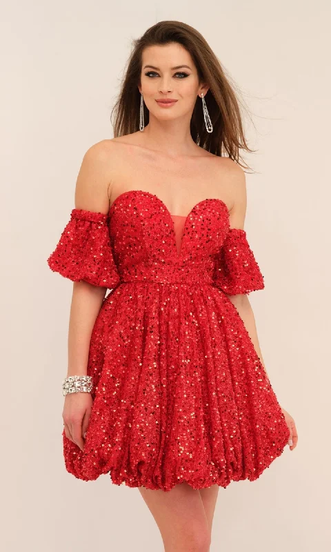 Short-Sleeve Short Red Sequin Party Dress 11186 High-Low Hemline Casual