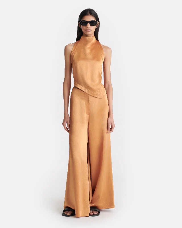 Zaniah - Crinkled Satin Wide-Leg Pants - Apricot Elegant Silk Pants