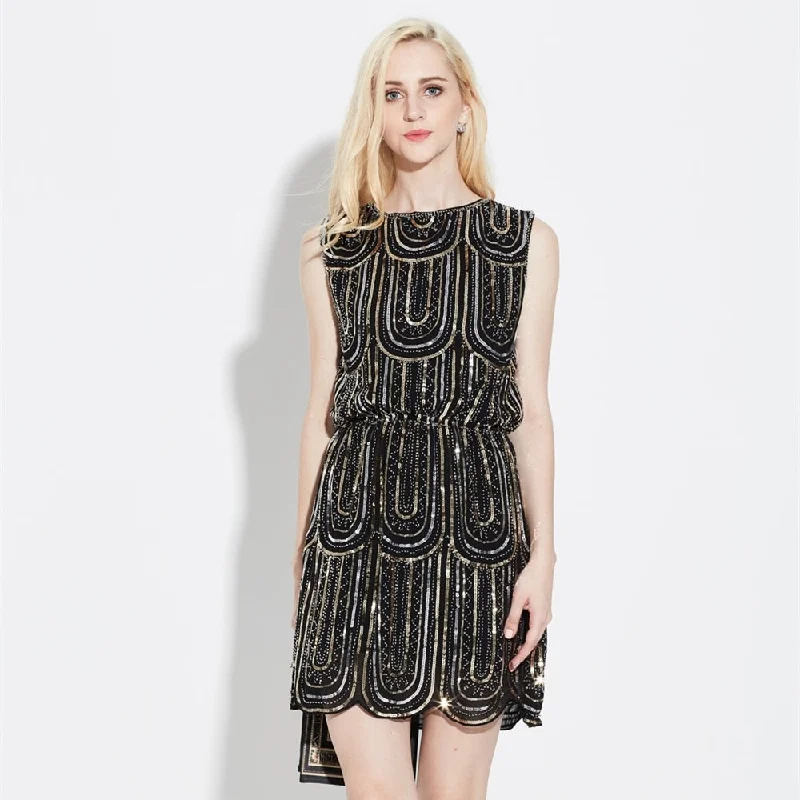Luxury Embroidery Sleeveless Elastic Waist Vintage Chiffon Mini Party Dress 1920s Beaded Sequin Little Black Dress Halter Neckline Beach Luxury Embroidery Sleeveless Elastic Waist Vintage Chiffon Mini Party Dress 1920s Beaded Sequin Little Black Dress Halter Neckline Beach