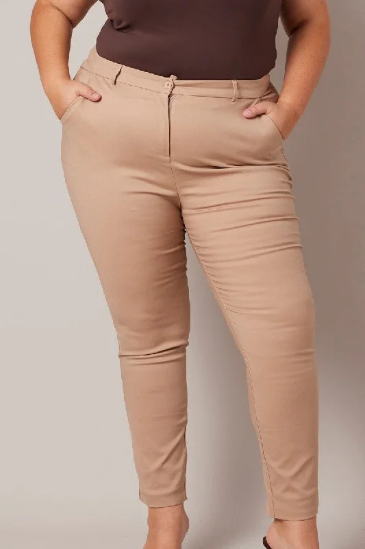 Brown Slim Pants Mid Rise Workwear Chic Wool Trousers