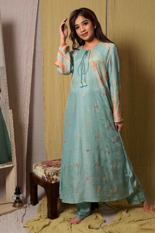 Mirror Work Teel Blue Cotton Silk Kurta & Pants Casual Skinny Fit Pants