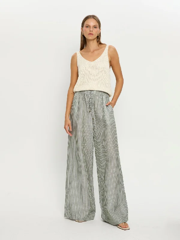 Elara Pant - Green Stripe Trendy Wide-Legged Trousers