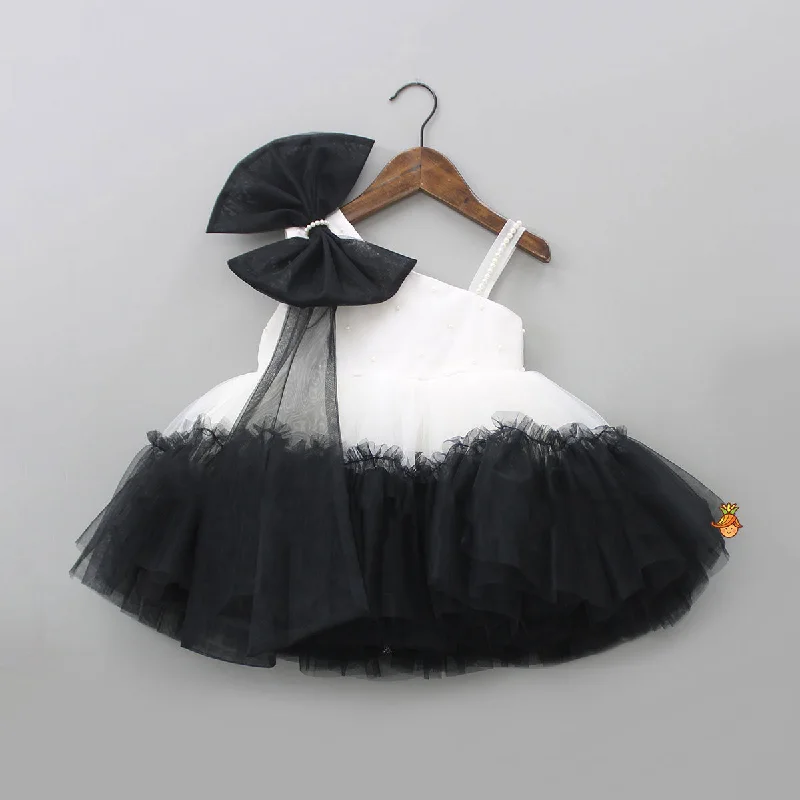 Pre Order: Classic Pearls Embellished Black And White Bowie Party Dress Tunics Denim casual