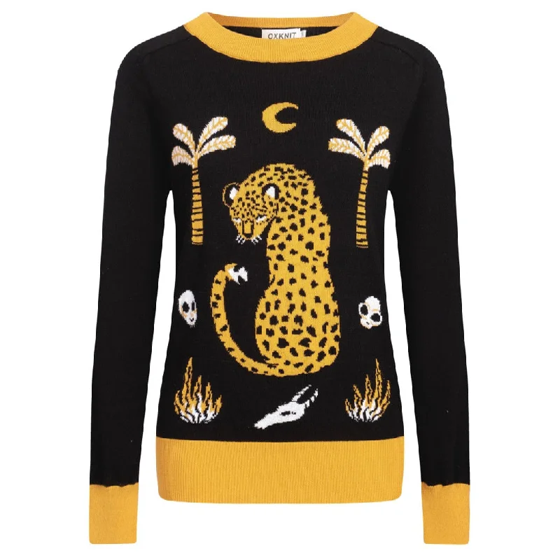 Women's black leopard jacquard vintage sweater Ribbed Striped Patterned