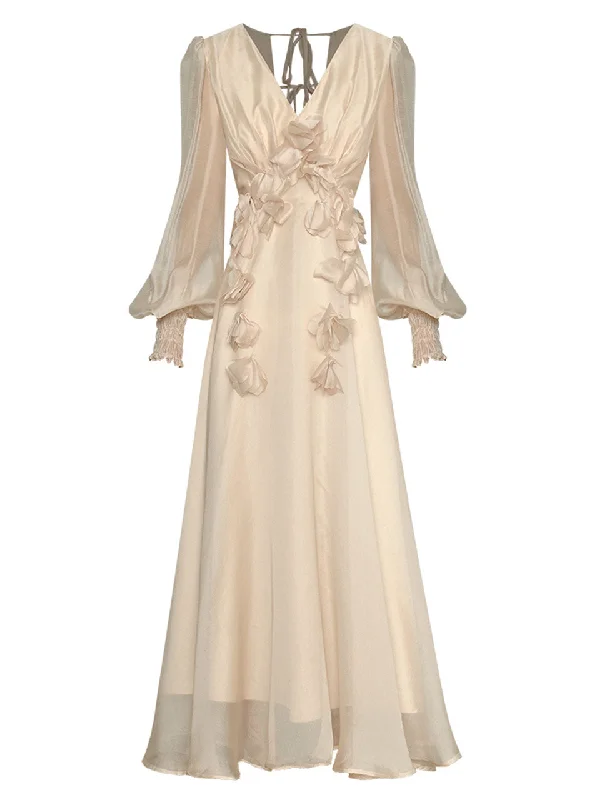 Apricot V-neck Lantern Sleeve Flower Maxi Party Dress Tunics Plaid country