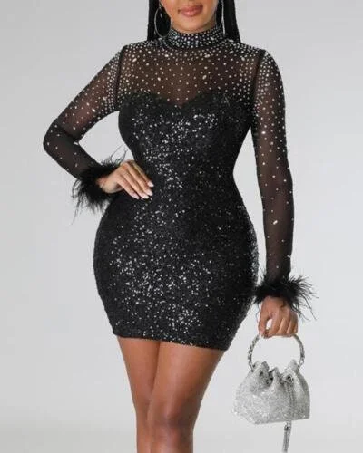 Rhinestone Sequin Decor Contrast Mesh Party Dress Tunics Versatile functional