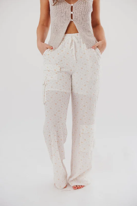 Teagan Crinkle Cargo Pants in Off-White Floral Fashionable Jogger Pants