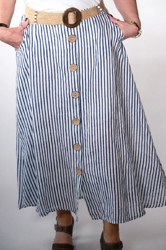 White Stripe Belted Midi Skirt denim skirt durable