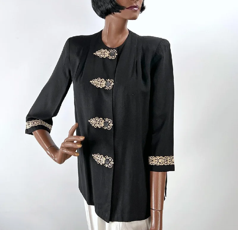 40s Vintage Cropped Jacket Braid Trimmed Asian Influenced Medium to Small VFG Pearl Art Sportswear Ribbed Jacket Pleated Jacket Ruffled Jacket