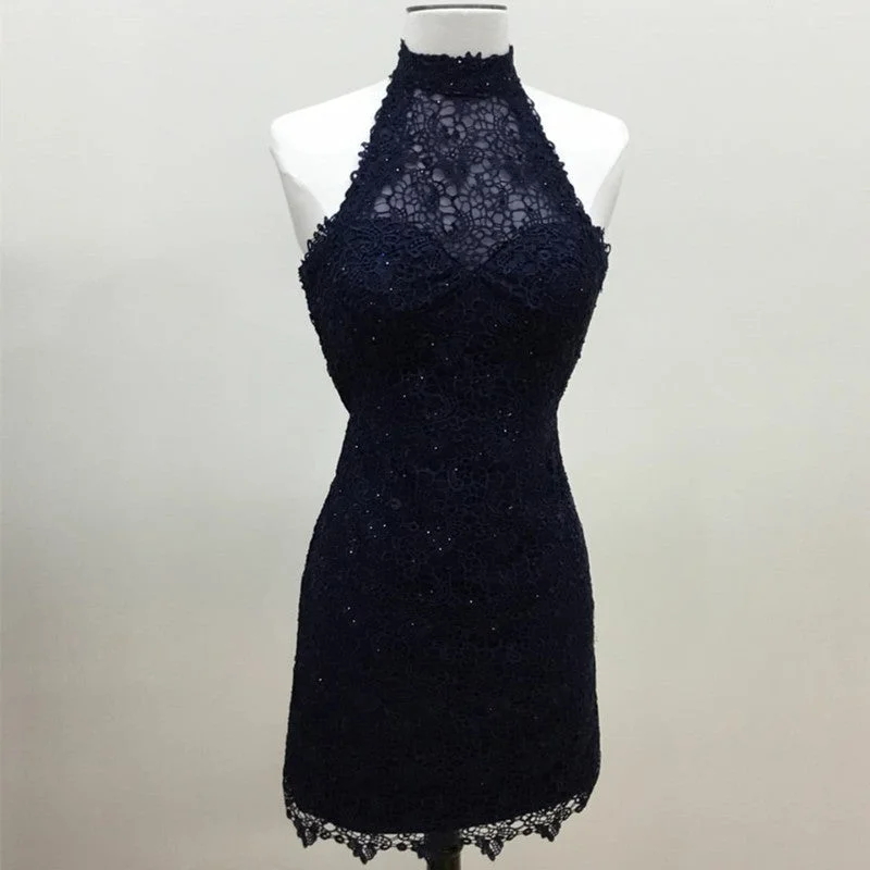 navy blue lace halter bridesmaid dresses short wedding party dresses Pencil Length Work