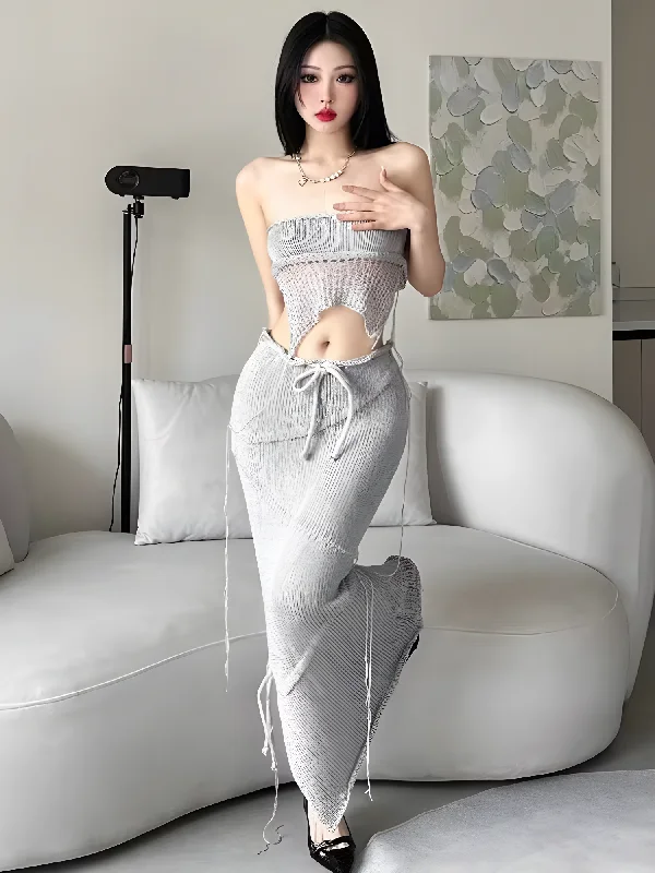Crochet Backless Top & Maxi Skirt Two Piece Set cashmere skirt soft