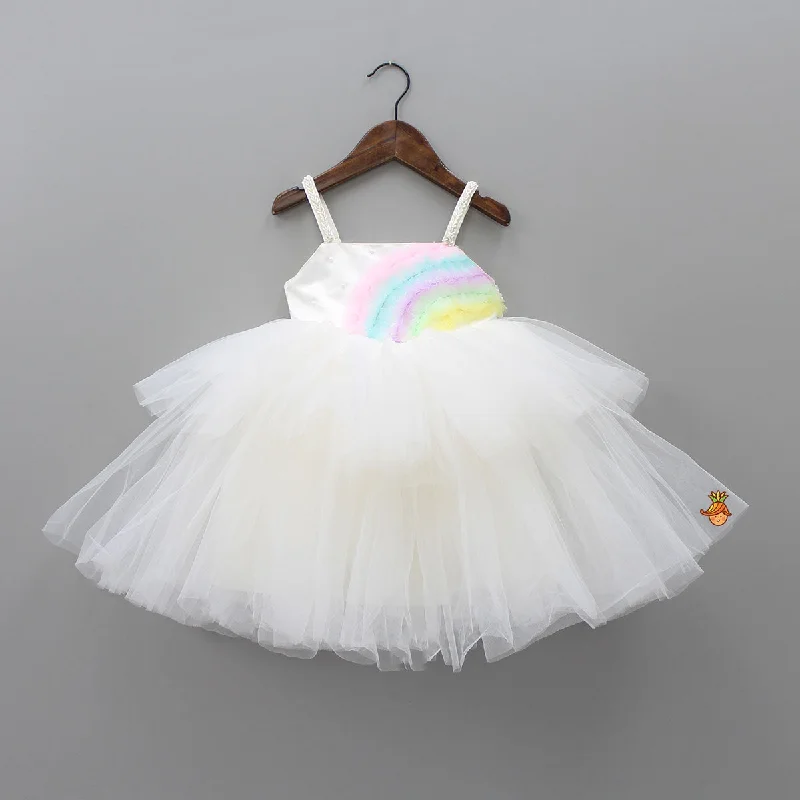 Pre Order: Rainbow and Pearl Detailed White Party Dress Tunics Distressed trendy