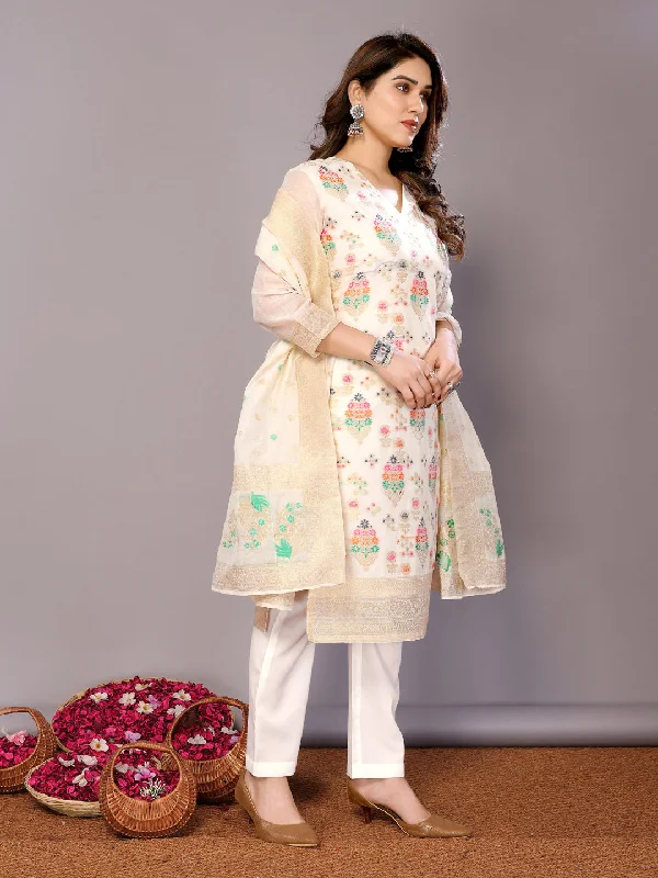 Cream Designer Readymade Pant Suit With Wevon Design Relaxed Fit Trousers