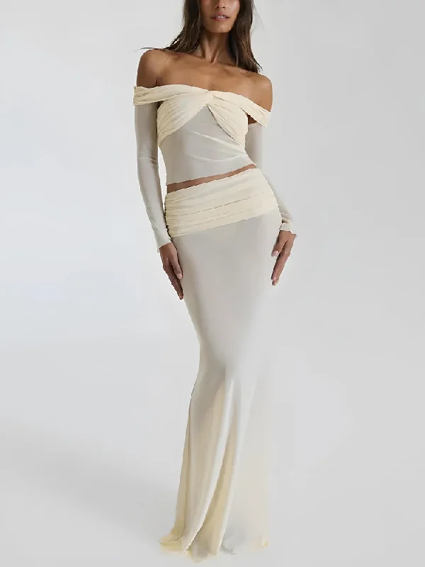 Sheer Off Shoulder Top & Maxi Skirt Two Piece Set spandex blend skirt