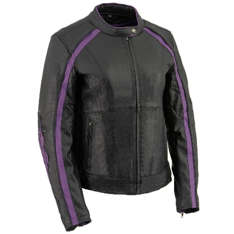 Milwaukee Leather X1952 Women's Black and Purple Embroidered and Stud Design Jacket One-Shoulder Jacket Off-the-Shoulder Jacket Asymmetrical Jacket Milwaukee Leather X1952 Women's Black and Purple Embroidered and Stud Design Jacket One-Shoulder Jacket Off-the-Shoulder Jacket Asymmetrical Jacket