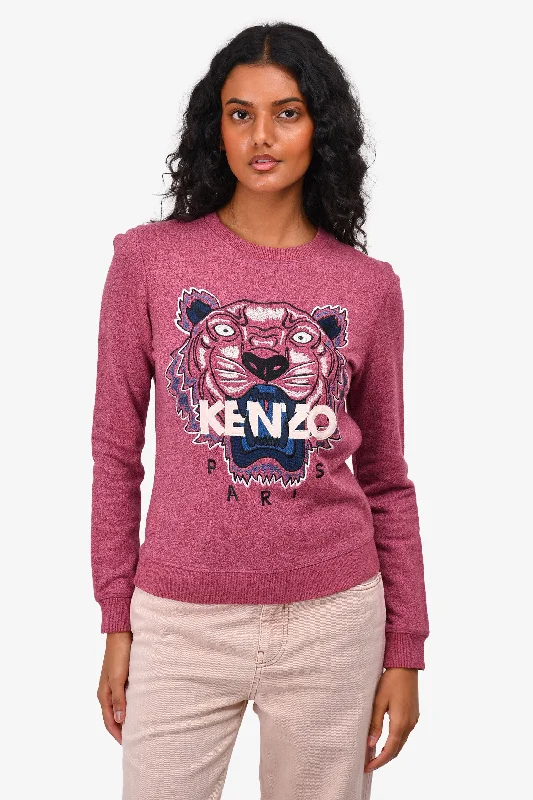 Kenzo Purple Tiger Logo Embroidered Sweater Size XS Satin Blend Silk Blend Wool Blend