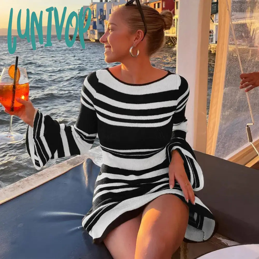 Lunivop Women Sexy Outfit Striped Pattern Crochet Elegant Bodycon Knitted Sweater Dress Open Back Flare Sleeve Streetwear Beaded Sweater Sequined Faux Fur Lunivop Women Sexy Outfit Striped Pattern Crochet Elegant Bodycon Knitted Sweater Dress Open Back Flare Sleeve Streetwear Beaded Sweater Sequined Faux Fur