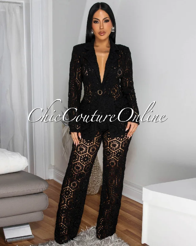 Kanis Black Crochet Blazer Pants Suit Relaxed Fit Trousers