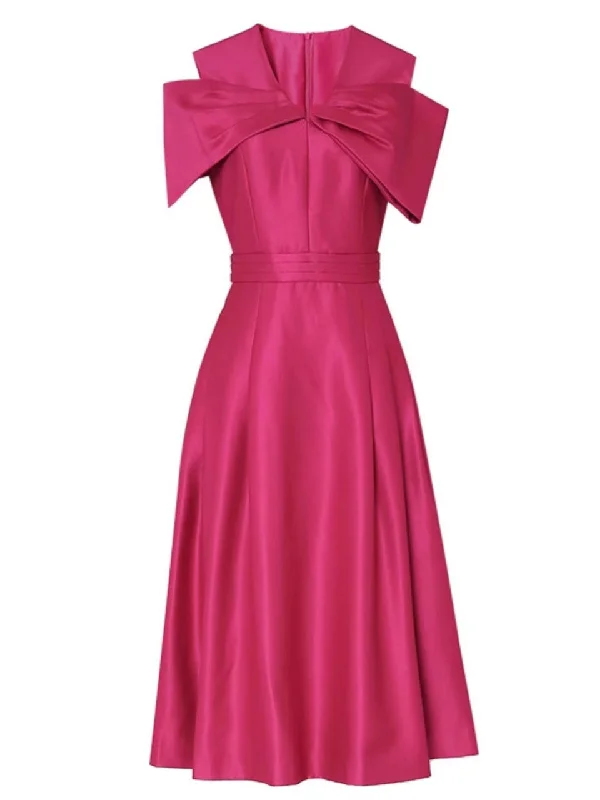 Rose Luxury Bow V Neck High Waist Swing Party Dress Tunics Trousers formal