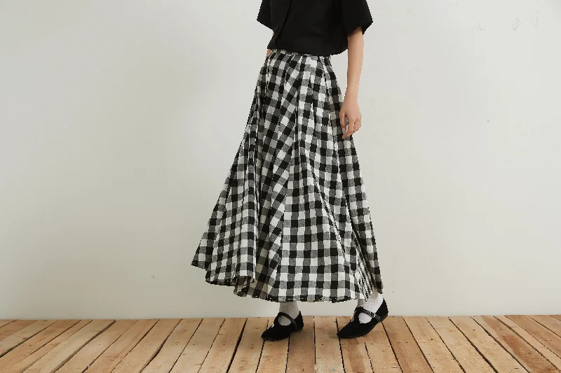 BLACK / WHITE CHECK VOLUME FLARE MAXI SKIRT linen skirt natural