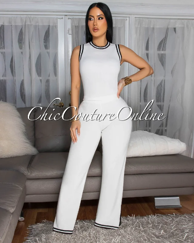 Annika Off-White Black Trim Knit Pants Set Soft Stretch Leggings