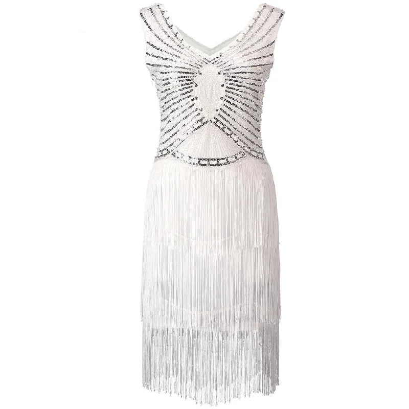 1920s Gatsby Charleston Sequin White Bead Fringe Flapper Dress Vestido Robe Double V-Neck Sleeveless Tiered Tassel Party Dress Tunics Mesh breathable 1920s Gatsby Charleston Sequin White Bead Fringe Flapper Dress Vestido Robe Double V-Neck Sleeveless Tiered Tassel Party Dress Tunics Mesh breathable