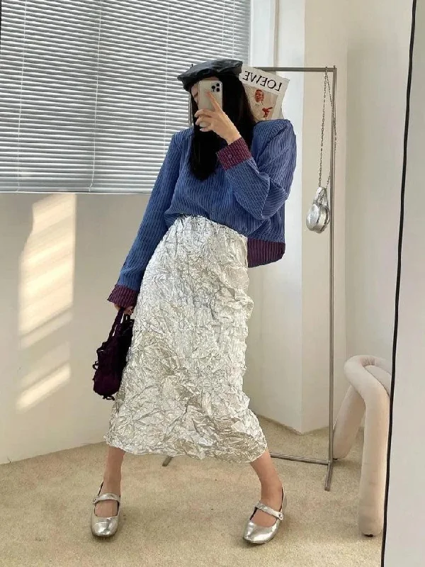 Wrinkled Silver Midi Skirt a-line skirt cut