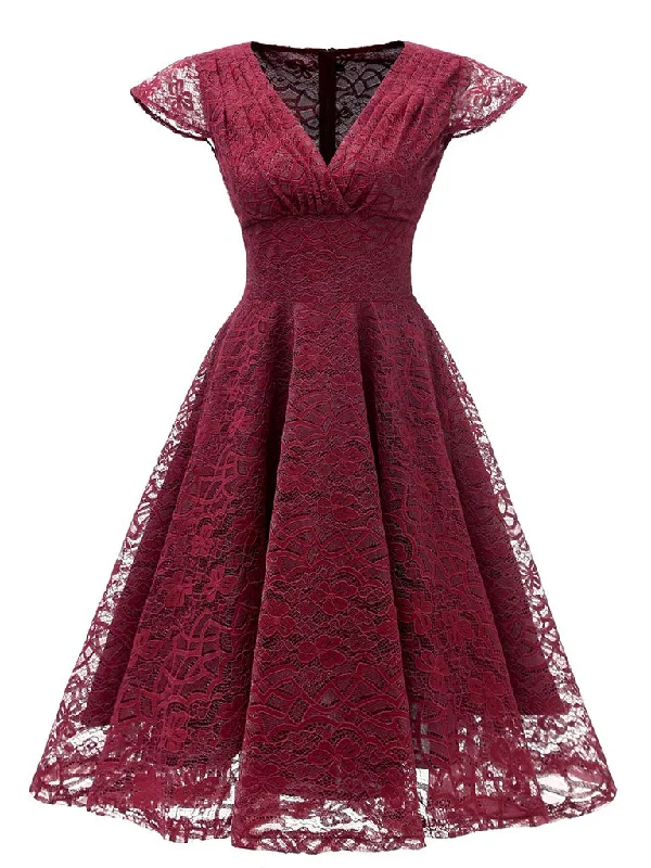Autumn Lace Cap Sleeve V Neck 50s Party Dress A-Line Day Work