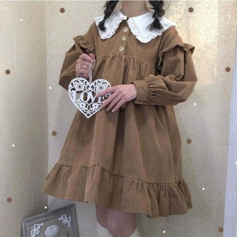 2023 Corduroy Kawaii Lolita Dress Autumn Aesthetic Lace Brown Patchwork Casual Vintage Sundress Puff Long Sleeve Tea Party Dress Boatneck Modish Everyday 2023 Corduroy Kawaii Lolita Dress Autumn Aesthetic Lace Brown Patchwork Casual Vintage Sundress Puff Long Sleeve Tea Party Dress Boatneck Modish Everyday