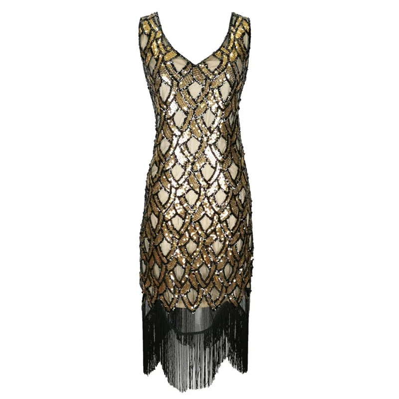 Vintage 20s Art Deco Inspired Flapper Fringe Dress V-neck Sleeveless Beaded Sequin Tassel Party Dress Vestidos Boat Neckline Classic Vintage 20s Art Deco Inspired Flapper Fringe Dress V-neck Sleeveless Beaded Sequin Tassel Party Dress Vestidos Boat Neckline Classic