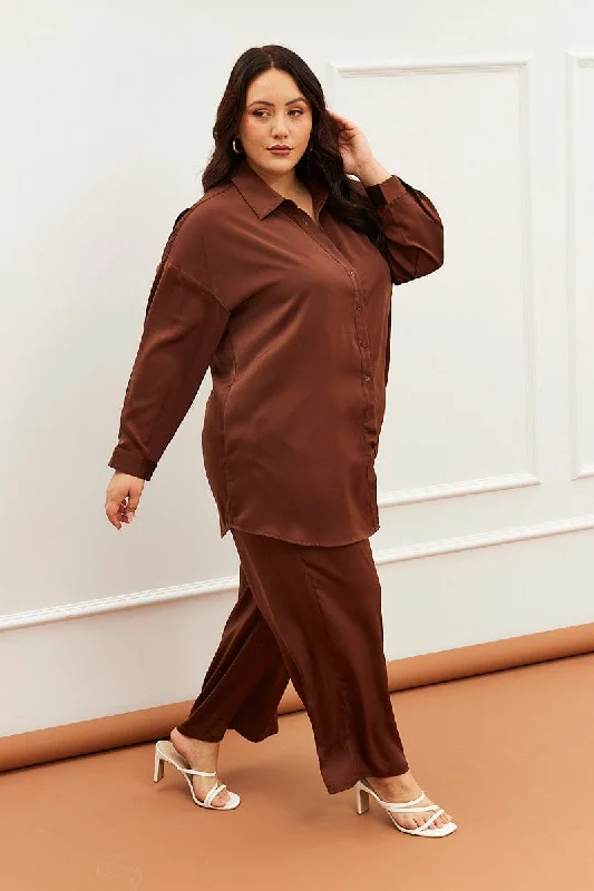 Brown Wideleg Pants Satin Shirred Waist Pockets Comfortable Denim Trousers