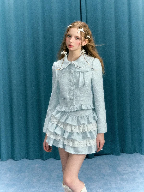 Baby Blue Bow Suit Short Jacket/Lace Cake Skirt NAR0043 Jacket Blazer Coat